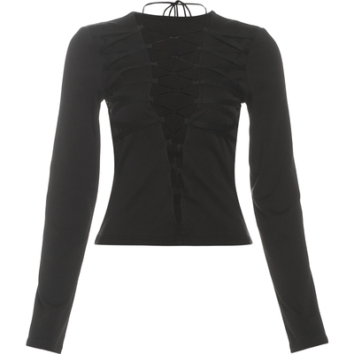 KLIOU 心机辣妹风黑色镂空系带长袖T恤女设计感显瘦修身百搭上衣