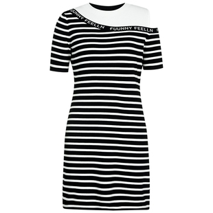 商场同款FF||仿佛夏季条纹连衣裙时尚露肩修身显瘦心