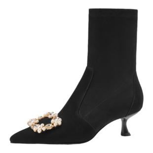 星期六法式尖头细高跟小短靴女2025秋冬新款水钻方扣弹力瘦瘦袜靴