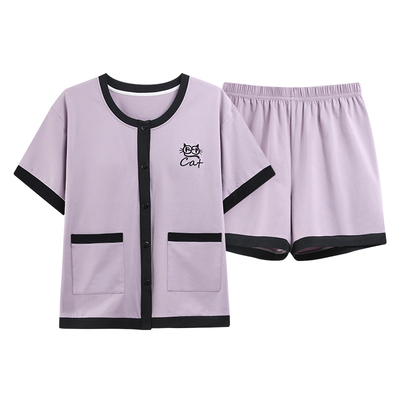 带胸垫一体睡衣女士夏季纯棉短袖开衫舒适透气套装可外穿的家居服