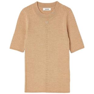 SANDRO Outlets秋冬女装法式复古驼色美拉德罗纹修身圆领针织上衣