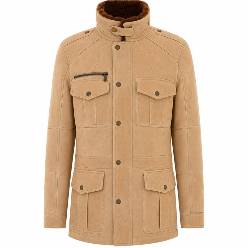 Brunello Cucinelli 男士米色油蜡羊毛领bc皮衣 26早秋意大利代购