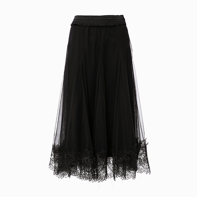 SOMSOM/索玛冬季新款黑色网纱半身裙女中长款高腰A字裙蕾丝花边