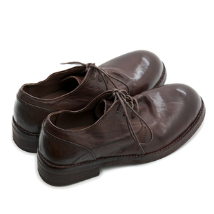 日系大头皮鞋棕低帮鞋复古做旧牛皮圆头休闲皮鞋手工德比鞋老钱风