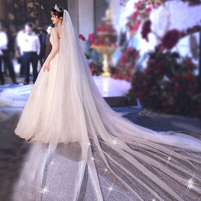 速发头纱新娘主婚纱钉珠复古亲爱的你超闪超大蕾丝简约白色中长款