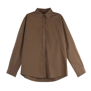 三良晨晨 复古棕色衬衫女宽松韩版春秋休闲廓形纯色简约长袖衬衣