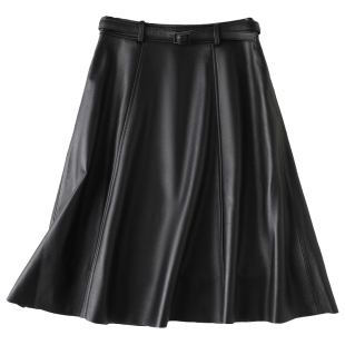 绵羊皮真皮皮裙半身裙女高腰百搭显瘦腰带中长裙OL优雅a字裙新款