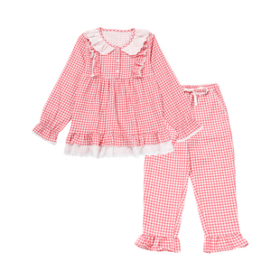 tutuanna家居服睡衣套装公主风儿童格子荷叶边蕾丝长袖长裤两件套