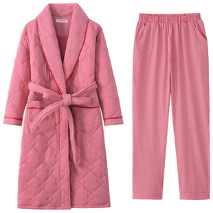 纯棉夹棉睡衣女冬季三层长款睡袍长裤两件套装加厚保暖家居服冬款