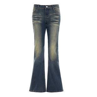 DARLINGAGA美式复古洗水做旧泛黄牛仔裤女性感低腰修身喇叭裤长裤