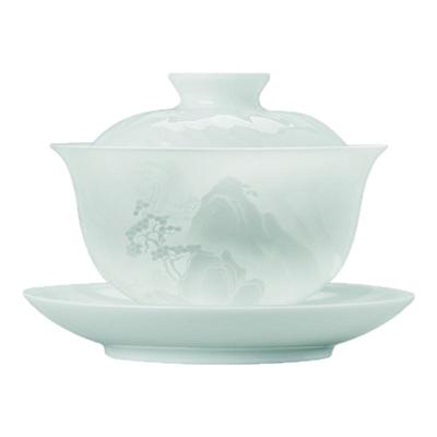 景德镇陶瓷影青雕刻三才盖碗