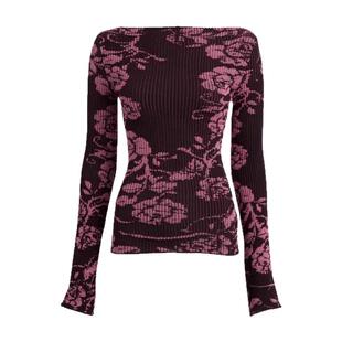 paloma wool 24款玫瑰印花羊毛修身长袖弹力大圆领T恤上衣女夏