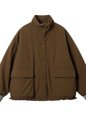 咖色立领格子拼接两面穿棉服外套