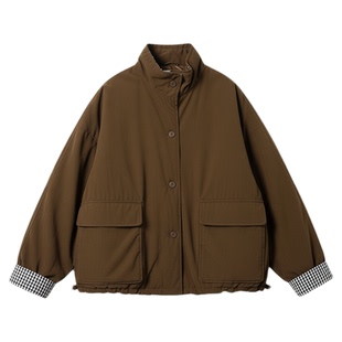 咖色立领格子拼接两面穿棉服女冬季新款宽松休闲长袖保暖加厚外套