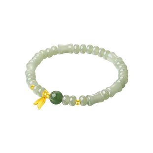 周大生黄金和田玉手串女足金镶玉石算盘珠竹叶手链送女友新年礼物