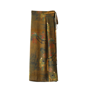 新中式韵味咖色唐汉风仕女图一片式女人味裹裙半身裙原创设计夏款