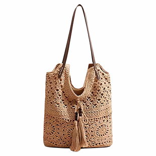 新款渡假单肩托特女包波西米亚镂空编织包包休闲百搭大容量沙滩包
