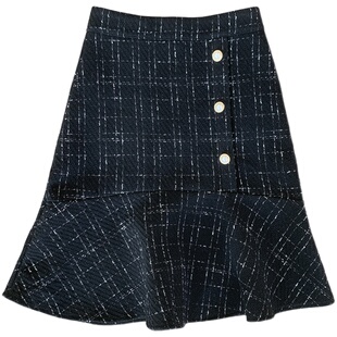 大码格子半身裙女秋冬新款胖mm高腰a字包臀裙荷叶边鱼尾中长款裙