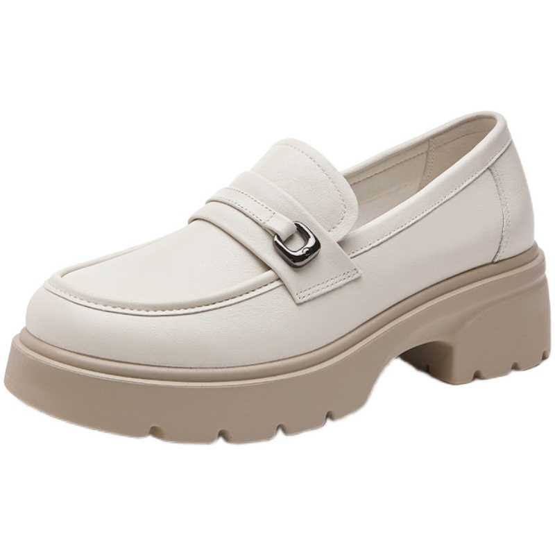 红蜻蜓女鞋春秋新款复古厚底小皮鞋白色乐福鞋女真皮牛皮单鞋英伦