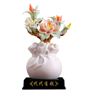 中式招财代代有钱陶瓷牡丹瓷花摆件办公室工位高端大气装饰艺术品