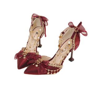 栖梦原创Lolita鞋洛丽塔花嫁尖头细跟新娘结婚高跟lo鞋婚鞋秀禾鞋