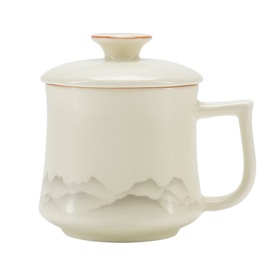 汝窑茶杯陶瓷米黄开片可养办公杯商务会议专用水杯伴手礼盒马克杯