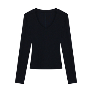 辰米范 休闲简约 针织U领收腰长袖打底衫上衣女弹力修身内搭t恤秋