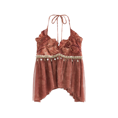 法式复古吊带网纱蕾丝拼接半裙