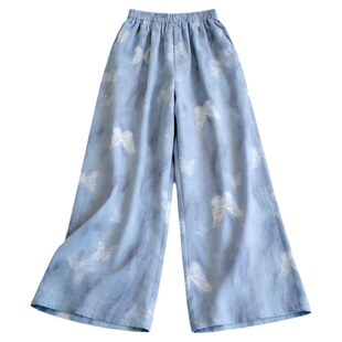 绵绸睡裤女士夏季薄款人造棉防蚊长裤可外穿家居裤子短裤格子波点