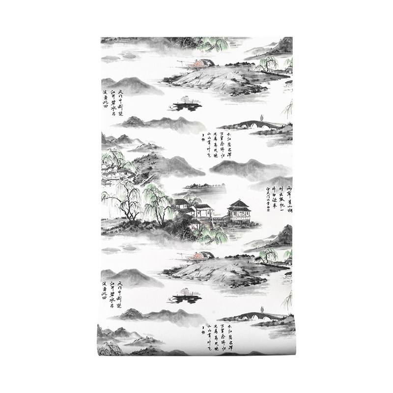 壁纸仿古典禅意茶室山水画墙纸