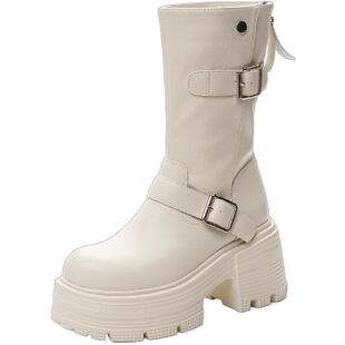 真皮厚底马丁靴女9CM粗跟白色短靴配裙子春秋瘦瘦单靴中筒骑士靴