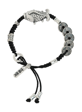 好运锦鲤纯银五帝钱手链男生平安富贵铜钱手绳女情侣银饰手串礼物