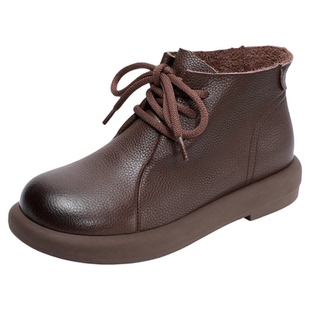 牛皮新款平底黑色及踝短靴女款舒适真皮2026春季女式休闲旅游皮靴