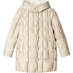 诗篇专选高密缎面防钻绒白鸭绒立领连帽中长款羽绒服冬款