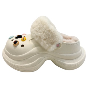 甜妹风卡通企鹅洞洞鞋女厚底增高5cm棉拖鞋冬季外穿一脚蹬毛毛鞋