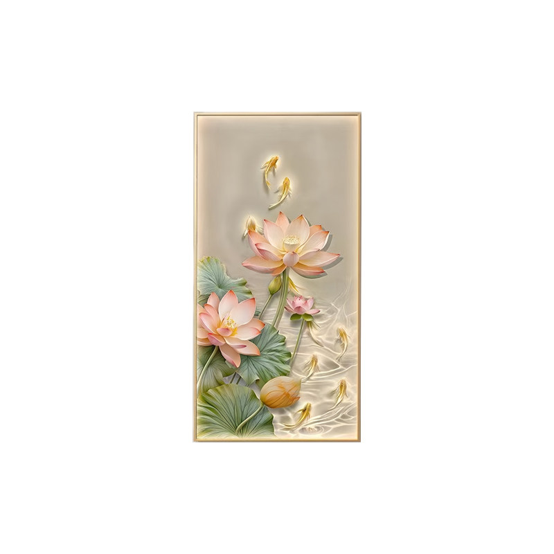 九鱼荷花LED带灯玄关装饰画花开富贵风景壁画新中式入户走廊挂画
