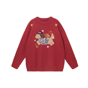 PCMY卡通贴布绣宽松情侣毛衣秋冬季2026新年酒红色马年本命年衣服