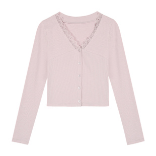 pusumede心动crush 蕾丝拼接v领针织开衫女设计感短款长袖t恤上衣