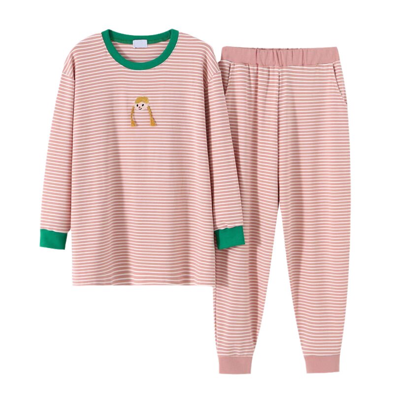 HEARMES 辫子女孩条纹睡衣女春季长袖纯棉休闲可爱家居服秋可外穿