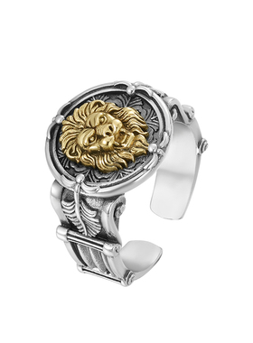 S925纯银做旧潮男士单身食指开口戒指个性霸气狮子头龙鳞回纹指环