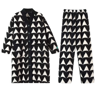 可人儿睡袍女冬季加绒加厚长毛绒睡衣女珊瑚绒中长款家居服套装