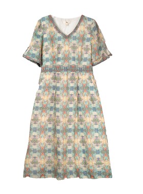 布符新中式夏季新品彩绿苎麻刺绣鸡心领连衣裙宽松显瘦女通勤清新