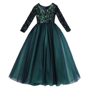 大码胖女孩墨绿色亮片礼服长袖女大童生日宴会主持人小提琴演奏服