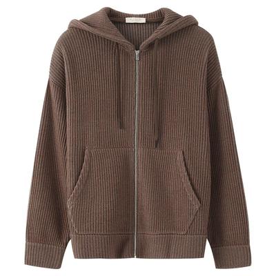 提花羊毛混纺连帽落肩开衫外套