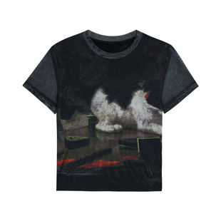 MULVAN 挚爱猫咪T 美式复古印花短袖t恤女短款修身高腰辣妹上衣