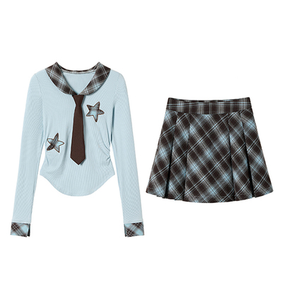 织物猪 蔚蓝星河 甜酷学院风jk套装女海军领上衣+格纹短裙两件套