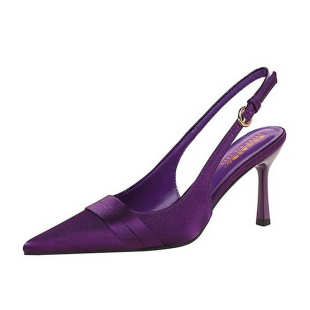 2025新款紫色高跟鞋女夏季细跟尖头绸缎后空尖头法式绝美凉鞋大码