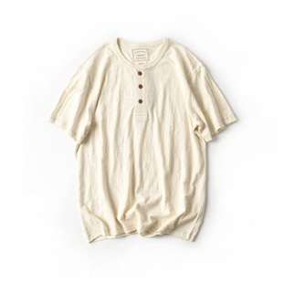 外贸亨利衫美式棉麻短袖男欧美硬汉风大码宽松透气弹力短t夏薄款