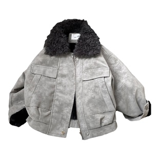 男童加绒皮衣外套冬季2025新款帅气毛毛领儿童加厚短款夹克冬装潮