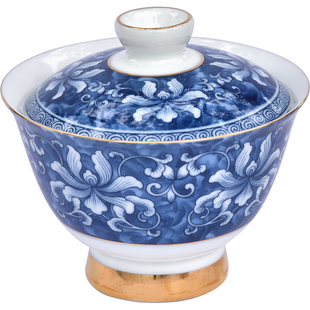 中国风大号青花盖碗高脚单个泡茶器大碗茶盅不烫手套装具复古